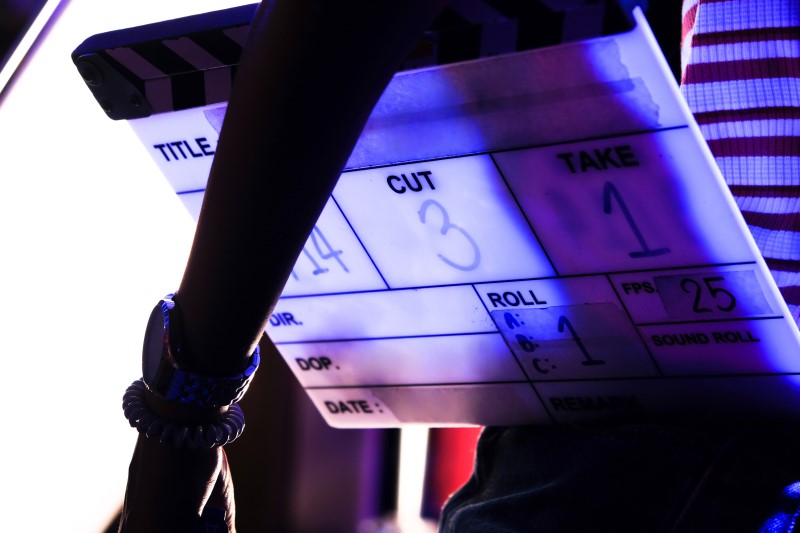 Clapper board on film set